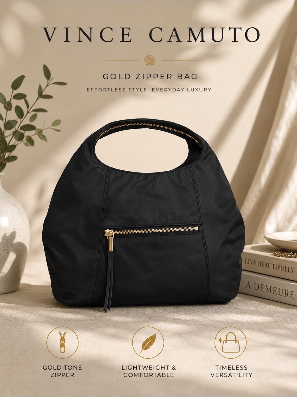 Vince Camuto Women's Hobo Bag with Gold Zipper